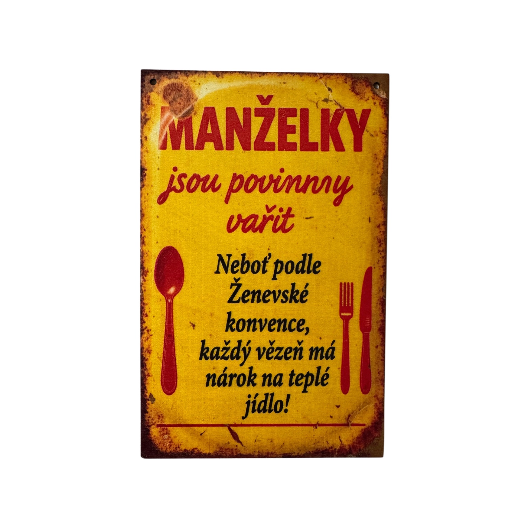Dřevěná dekorativní cedule - Manželky jsou povinny vařit, 13x20cm
