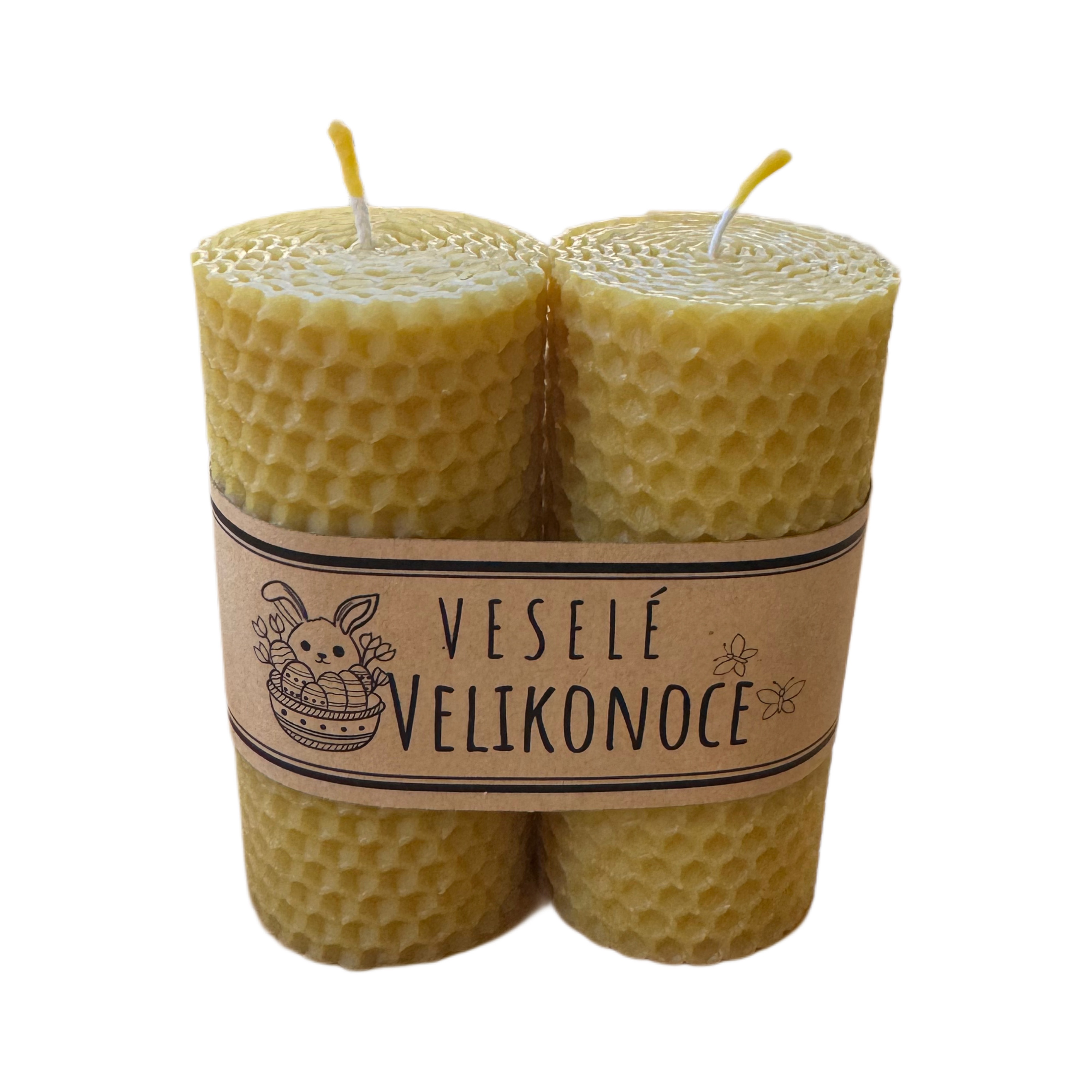 Velikonoční sada motaných svíček z včelího vosku - Veselé Velikonoce, 2 ks