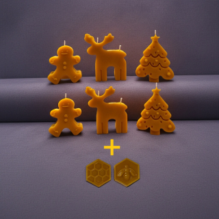 2x Vánoční sada přírodních svíček z včelího vosku – Perníček, Sob a Vánoční stromeček (6 ks) + 2x Vonný včelí vosk ZDARMA