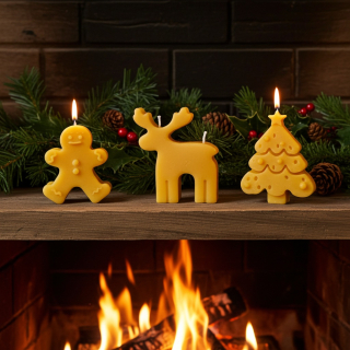 Vánoční sada přírodních svíček z včelího vosku – Perníček, Sob a Vánoční stromeček (3 ks)